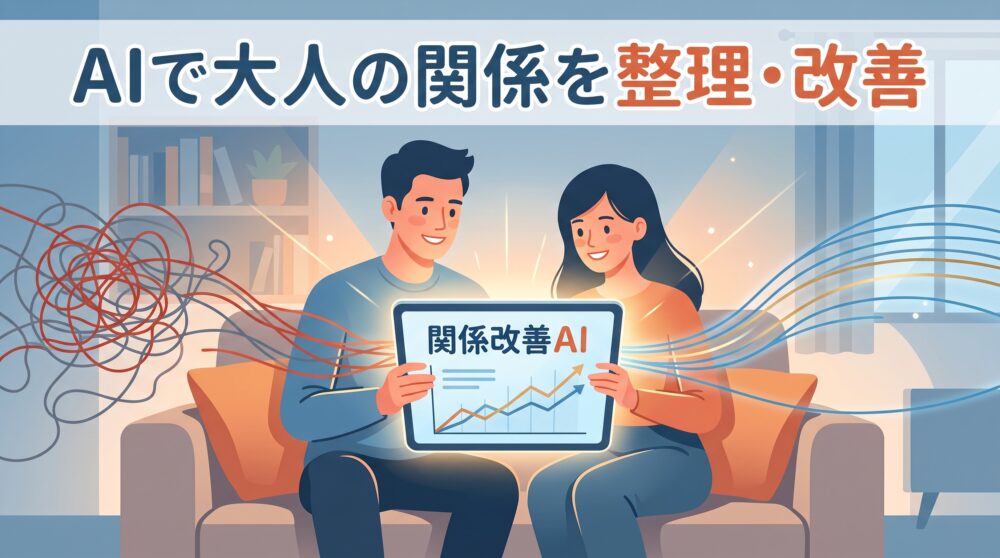 AIが人間関係を分析し、改善案を提示している様子。複雑な感情のもつれが、AIの助けにより整えられていく過程を、絡まる赤い糸と整った青い線で象徴的に表現している。