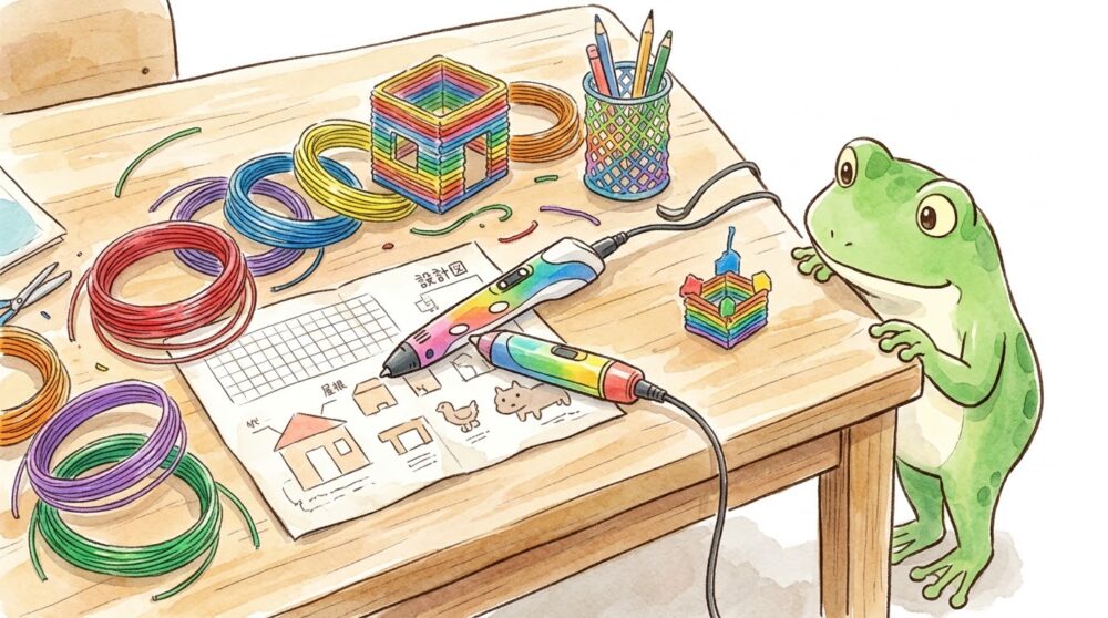 木製テーブルに広げられた3Dペンの下絵設計図、カラフルなフィラメント、完成した立体パーツを覗き込むカエルのマスコット