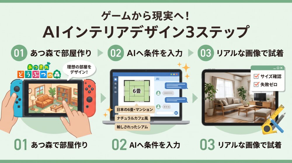 ゲームから現実へ落とし込むAIインテリアデザインの3ステップを示したシンプルな図解イラスト