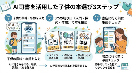  AI司書を使った子供の本選び3ステップ（入力・抽出・事前共有）の図解イラスト