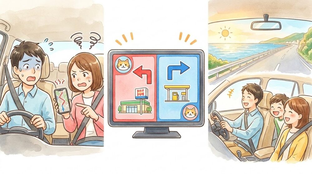 ナビで困惑する車内、青と赤の直感ナビ表示、笑顔でドライブを楽しむ家族を描いた3ステップ水彩図解（16:9）