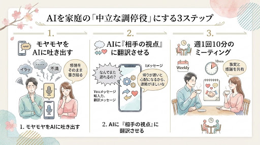 AIを家庭の調停役にする3つのステップを説明した図解イラスト