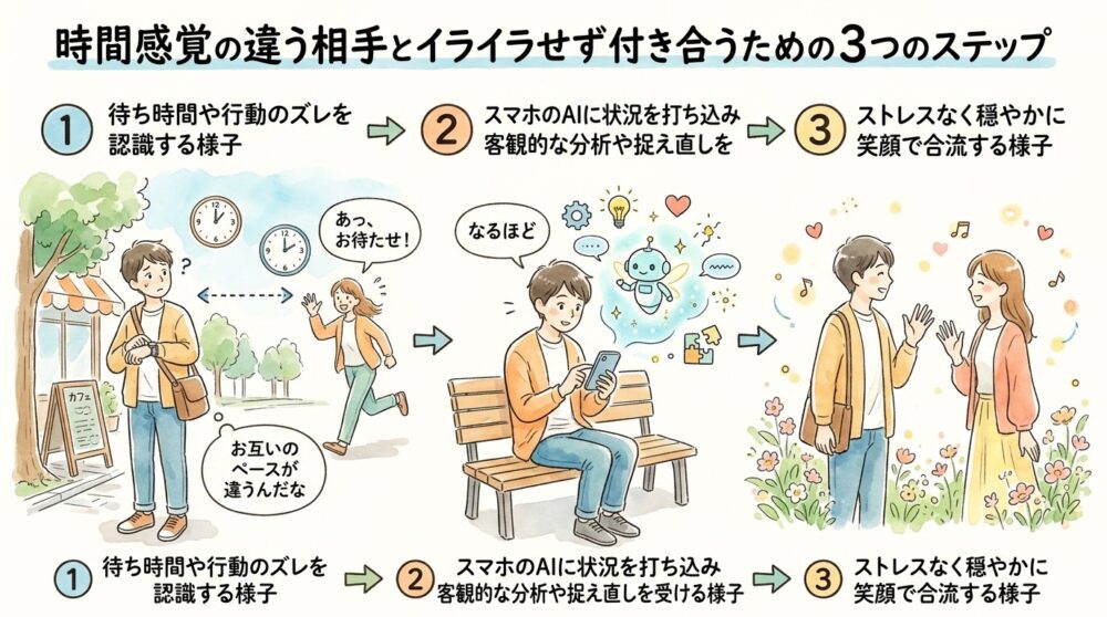 時間感覚のズレの認識からスマホAIによる客観的分析、穏やかな笑顔での合流までの3ステップを描いた水彩図解イラスト
