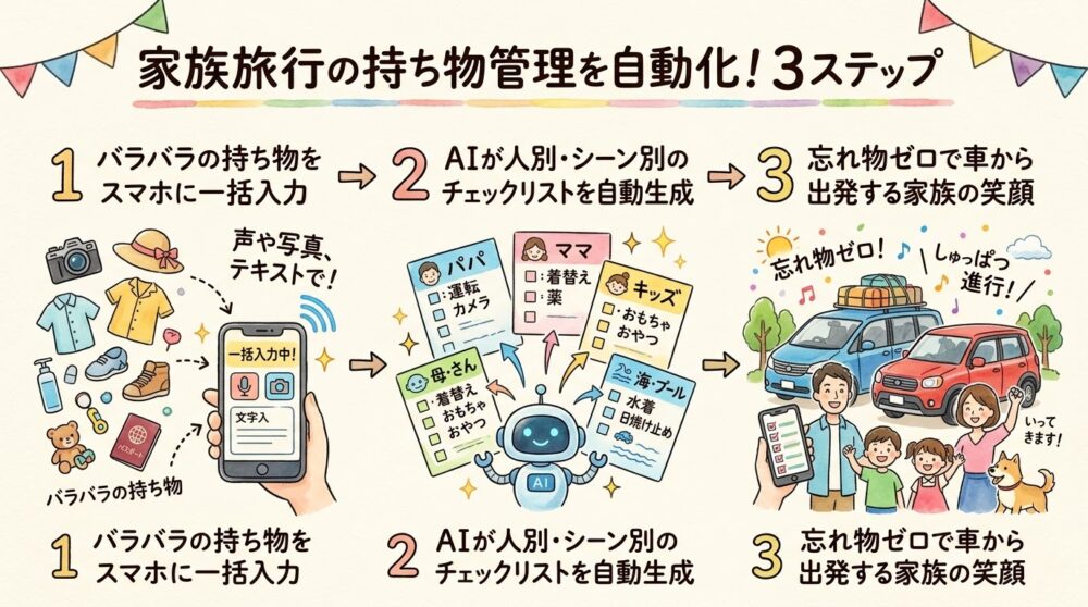 バラバラな持ち物のスマホ一括入力からAIによる人別・シーン別リスト自動生成、忘れ物ゼロ出発までの3ステップ水彩図解