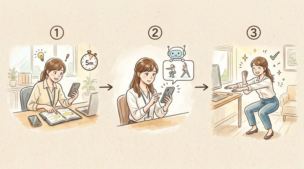 隙間時間の発見からスマホAIへのメニュー提案依頼、自重スクワット達成までの3ステップを描いた水彩図解イラスト