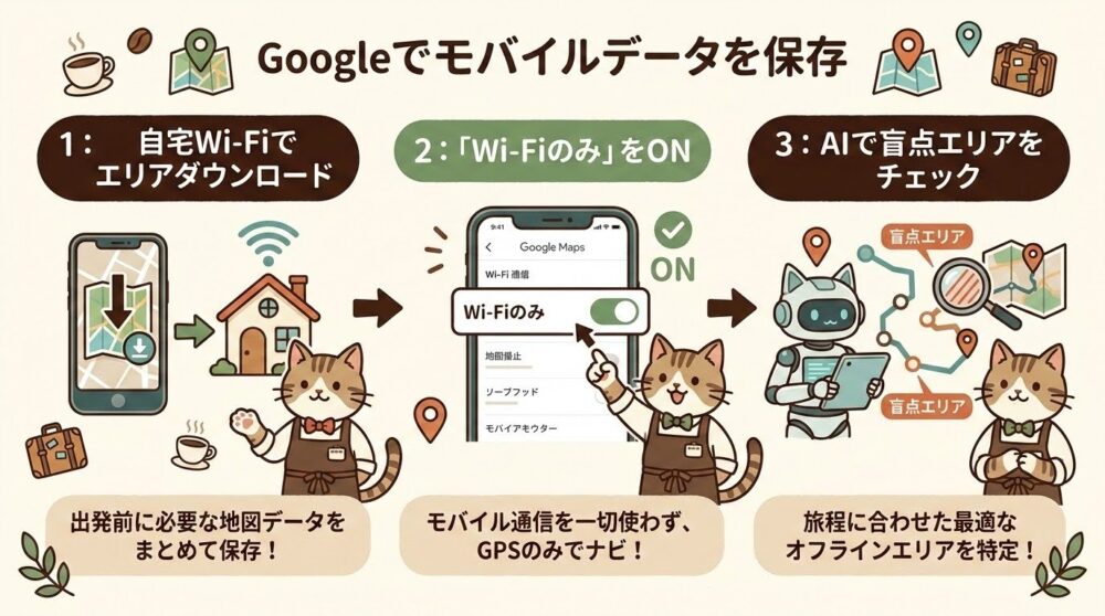 Googleマップオフライン化の3ステップ解説図解