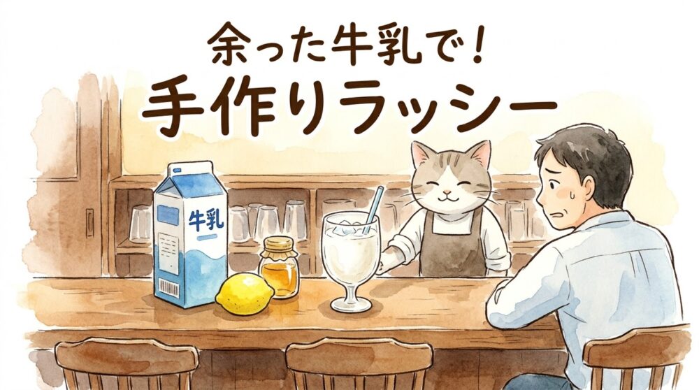 喫茶店の木製カウンターで、猫のマスターが、余った牛乳・レモン・はちみつから作った特製ラッシーを困り顔の男性客に笑顔で提供している温かみのある水彩画。