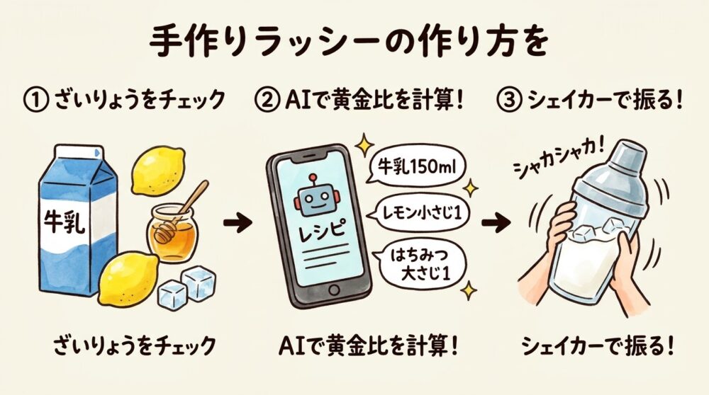 手作りラッシーの作り方を3ステップで解説した図解イラスト。①牛乳・レモン・はちみつ・氷などの材料をチェック、②スマートフォンのAIで手持ちの分量に合わせた黄金比を計算、③シェイカーに入れて氷と一緒にシャカシャカ振る手順が描かれている。