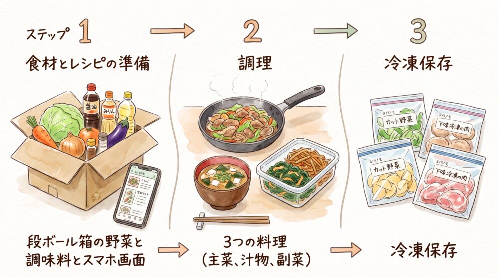 手持ち食材のAI入力から3品同時調理、冷凍保存までの流れを示した水彩イラスト風ステップ図解