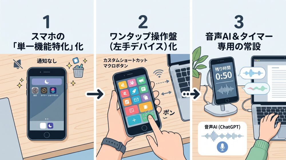 古いスマートフォンをMacのサブ端末化する3つの手順（通知削除・ワンタップ操作盤構築・常時音声対話端末化）を整理したステップ図解