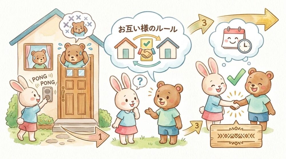 玄関先でお互いの境界線やルールを尊重し合って笑顔で対話する動物たちの図解イラスト