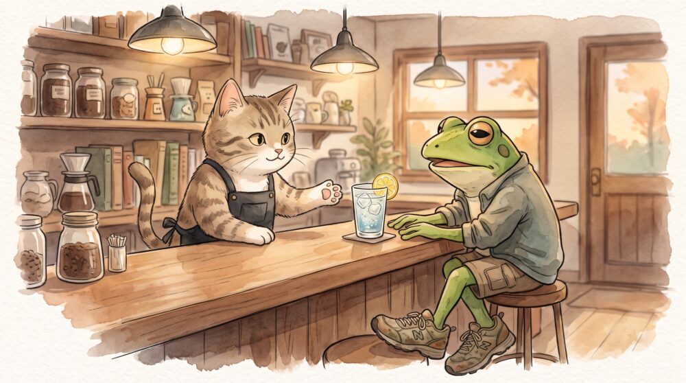 喫茶カウンターでレモン炭酸水を差し出しながら優しく話を聞く猫マスターと、運動会・持久走の特訓帰りで疲れた様子のカエルの水彩イラスト