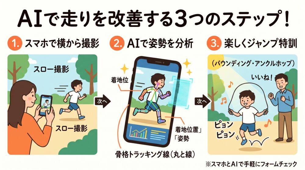 スマホでのスロー撮影、AIによる骨格・姿勢分析、なわとびを使ったバウンディング特訓の3ステップを示した走り方改善図解イラスト