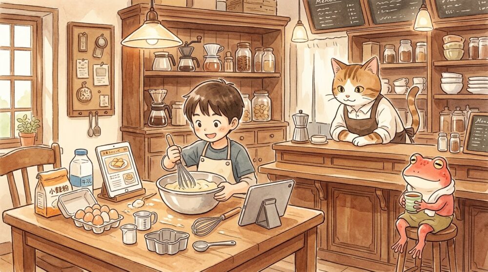 喫茶店の明るいキッチンで小学生がタブレットレシピを見ながらボウルで生地を混ぜ、猫マスターとカエルのマスコットが見守る様子