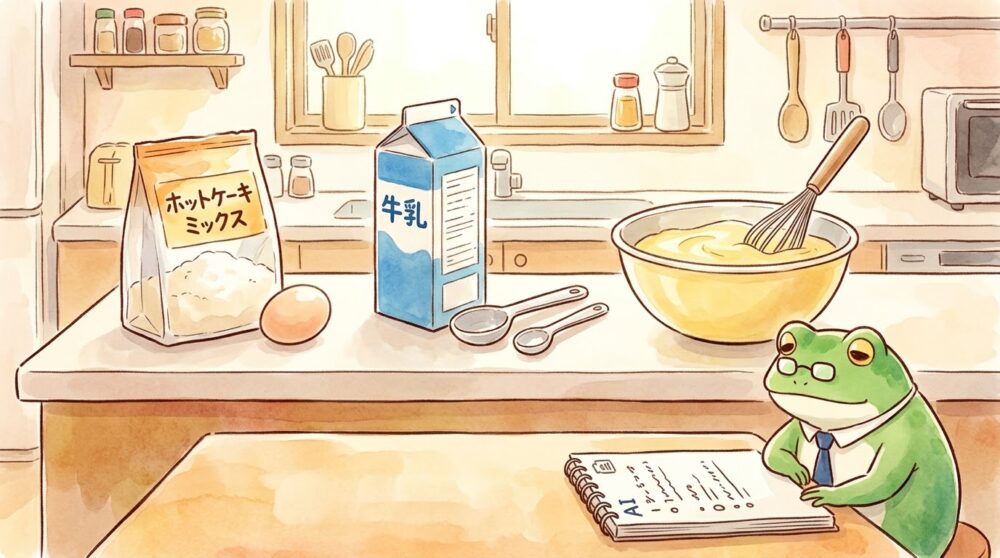 キッチンの作業台に並んだホットケーキミックス、牛乳、卵、ボウルと、手順をチェックするメガネをかけたカエル