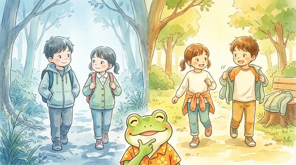 朝の肌寒い森をアウターを着て歩く子供たちと、昼の暖かい日差しの中で上着を脱いで軽快に歩く様子の対比図解、手前で頷くカエルのマスコット