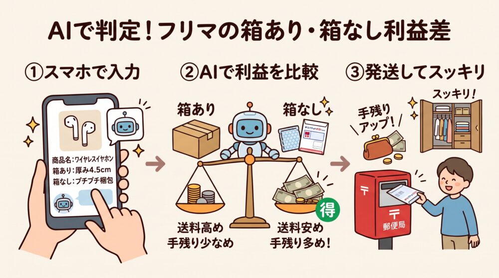 AIを活用してフリマの箱あり・箱なしの手残り利益を比較・決定する3ステップの解説図解
