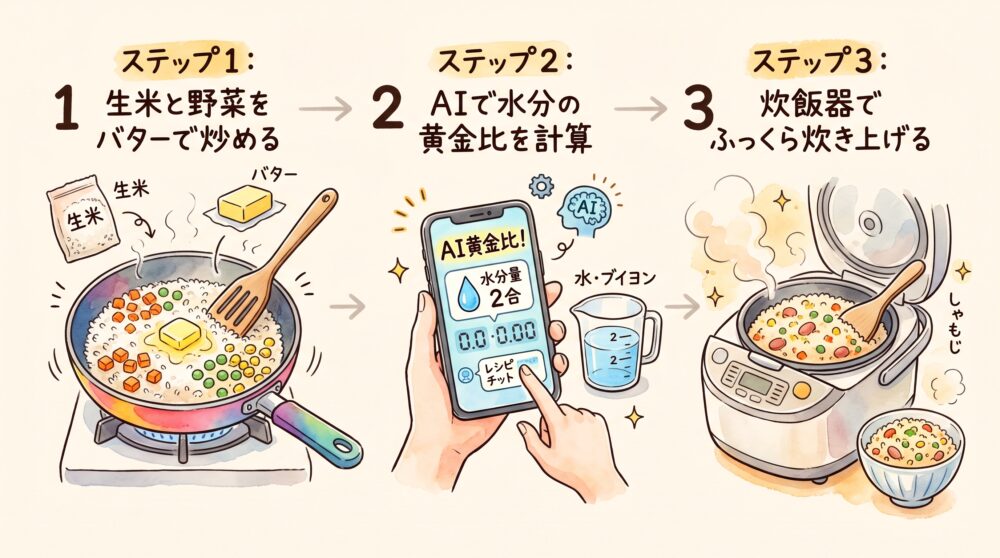 生米から作る本格ピラフの3ステップを描いた手描き水彩インフォグラフィック図解（生米バター炒め、AI水分計算、炊飯器調理）