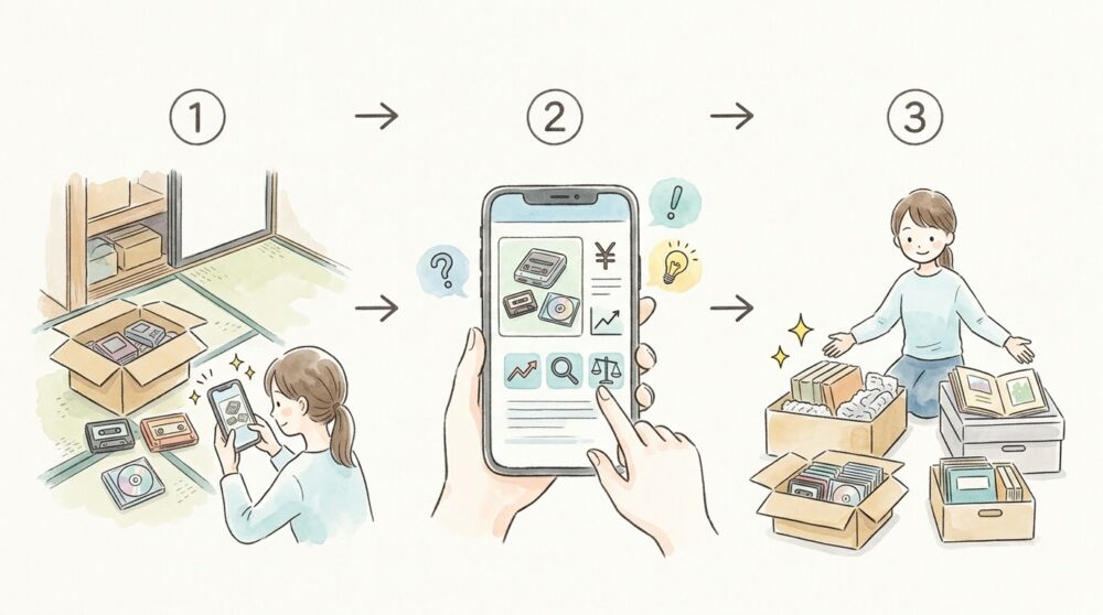 押し入れから見つけた古いゲームやCDをスマートフォンで査定・相場確認し、綺麗に梱包・整理する3つの手順のイラスト