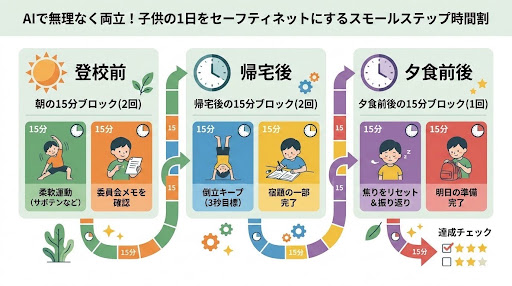 子供の1日の生活動線を15分の小さなステップに分解して無理なく両立するタイムスケジュール図解