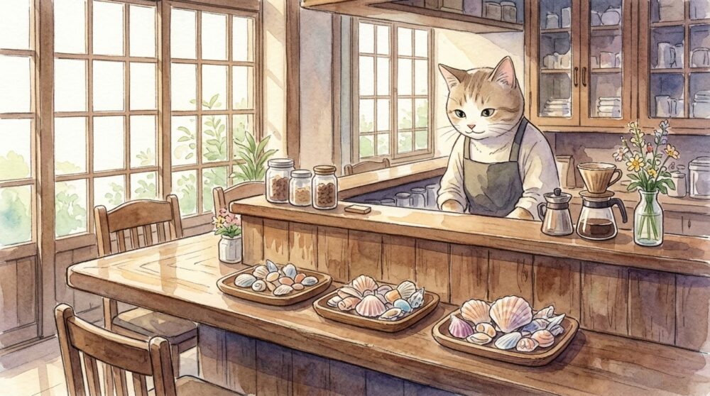 落ち着いた木のぬくもりある喫茶店のカウンターで、小皿に盛られた美しい貝殻を優しく見つめる猫マスターの水彩画