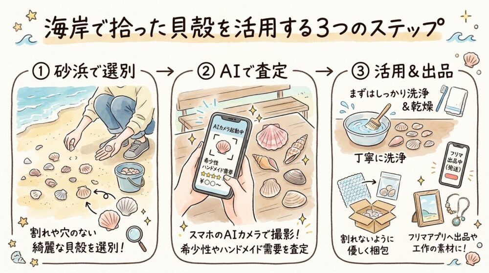 海岸での貝殻選別からスマホAI査定、洗浄・出品までの3ステップを図解した水彩イラスト
