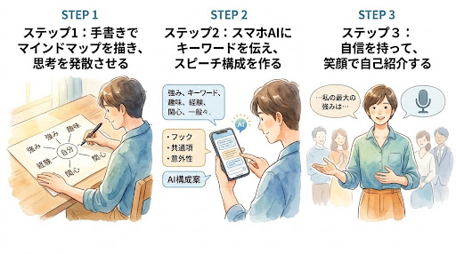 ノートに思考を書き出す「ステップ１」、スマートフォンで整理・要約する「ステップ２」、笑顔で自己紹介する「ステップ３」の３段階を描いた横長の水彩図解イラスト