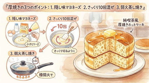 極厚ホットケーキを成功させる3つのポイント（隠し味・混ぜ方・蒸し焼き）の図解イラスト