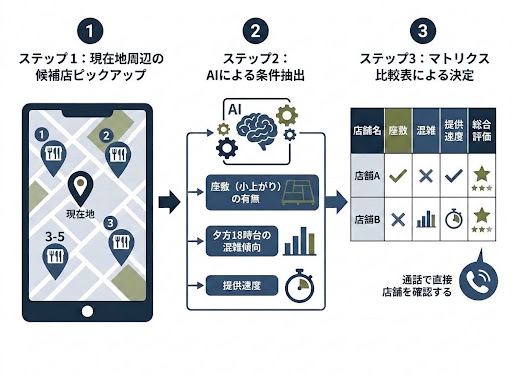 AIを活用した子連れ向け飲食店スクリーニングの3ステップ図解