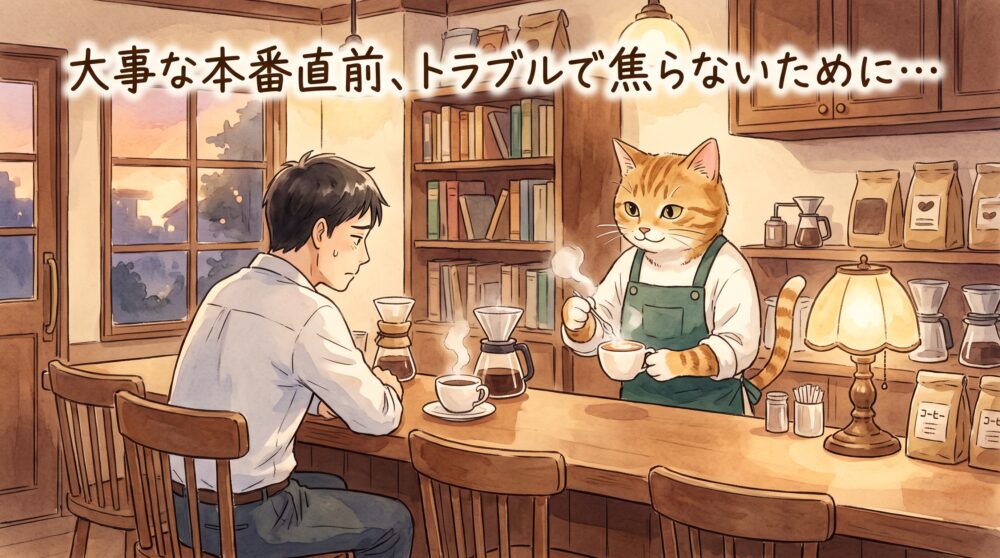 夕暮れの喫茶店で、落ち込んだ様子の茹でガエル先輩に、温かいカフェオレを淹れながら優しく語りかける猫マスターの水彩画風イラスト。