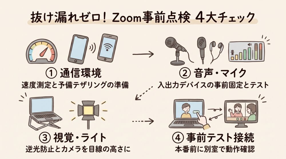 「通信環境」「音声・マイク」「視覚・ライト」「事前テスト接続」の4つの事前点検項目を分かりやすいイラストと手書き風の日本語で図解したステップ図。